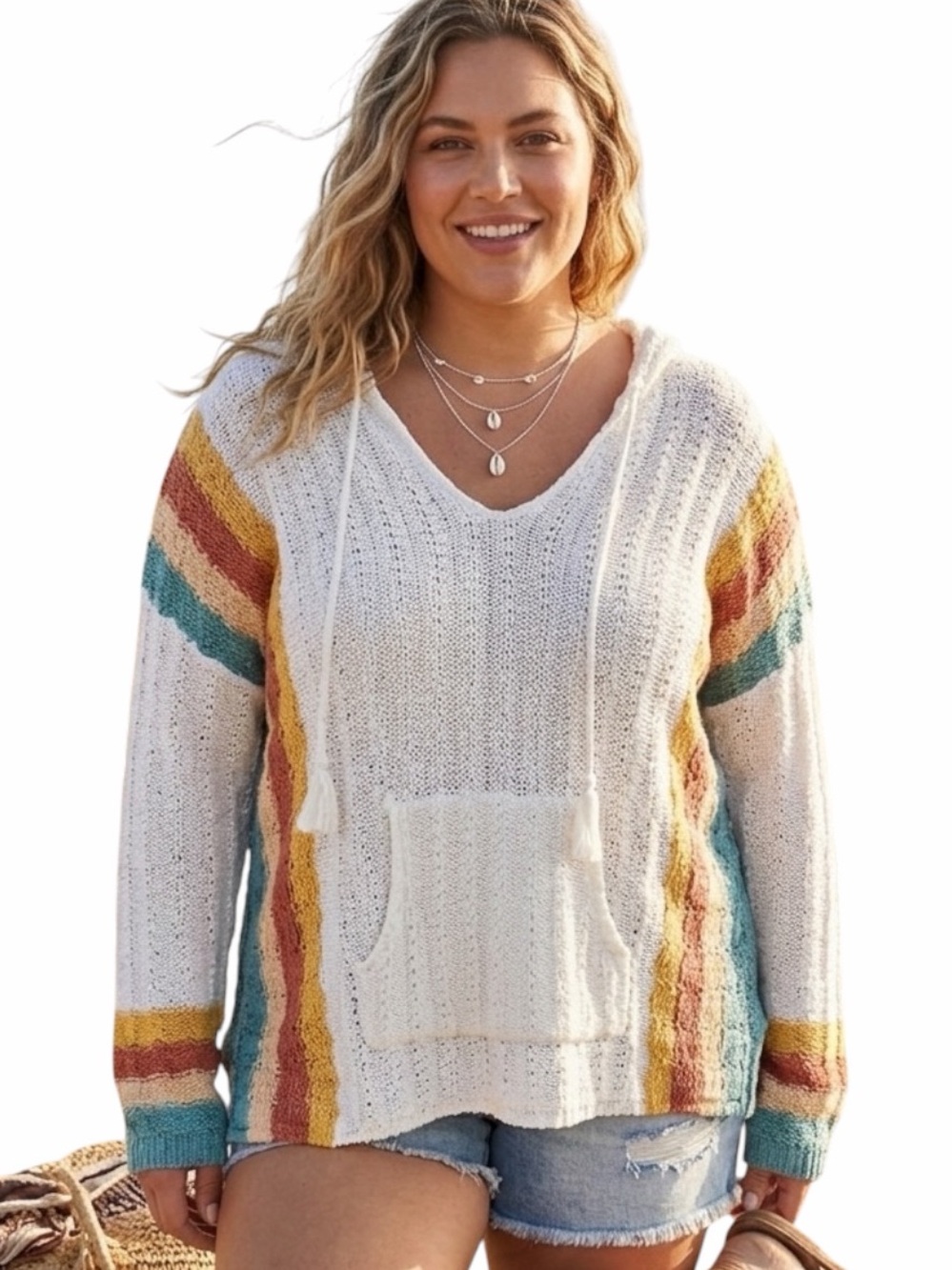 Natural Reflections Crochet Striped Boho Beach Hoodie Pullover Size 2XL